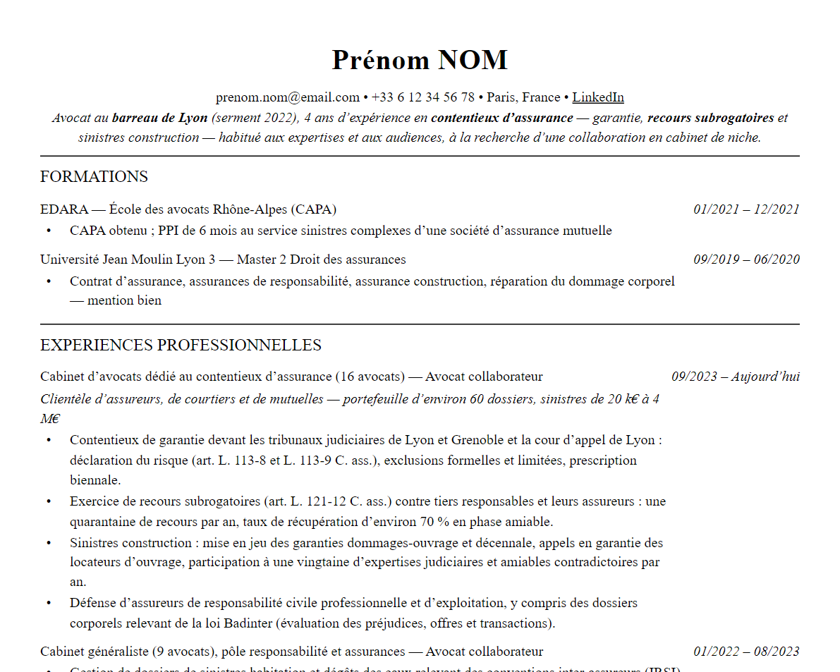 Aperçu : Exemple de CV Avocat en droit des assurances