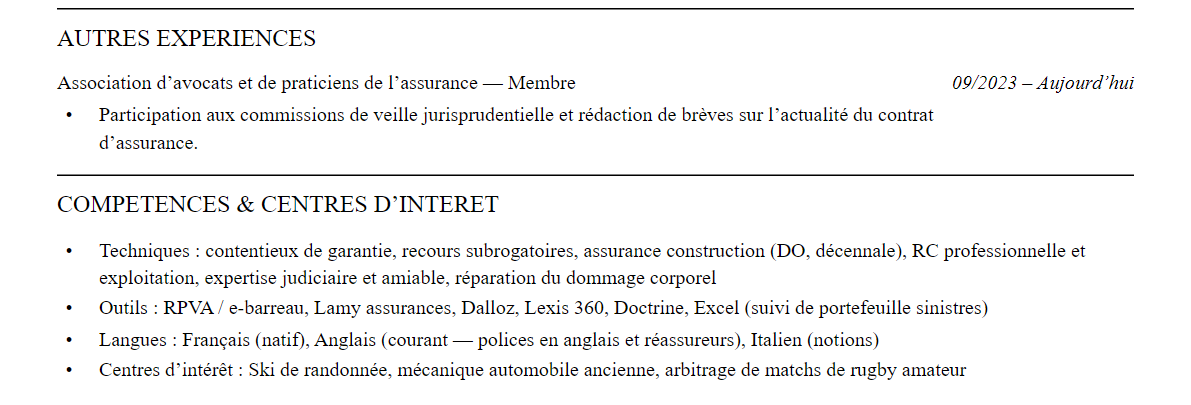 CV avocat en droit des assurances : compétences et centres d’intérêt