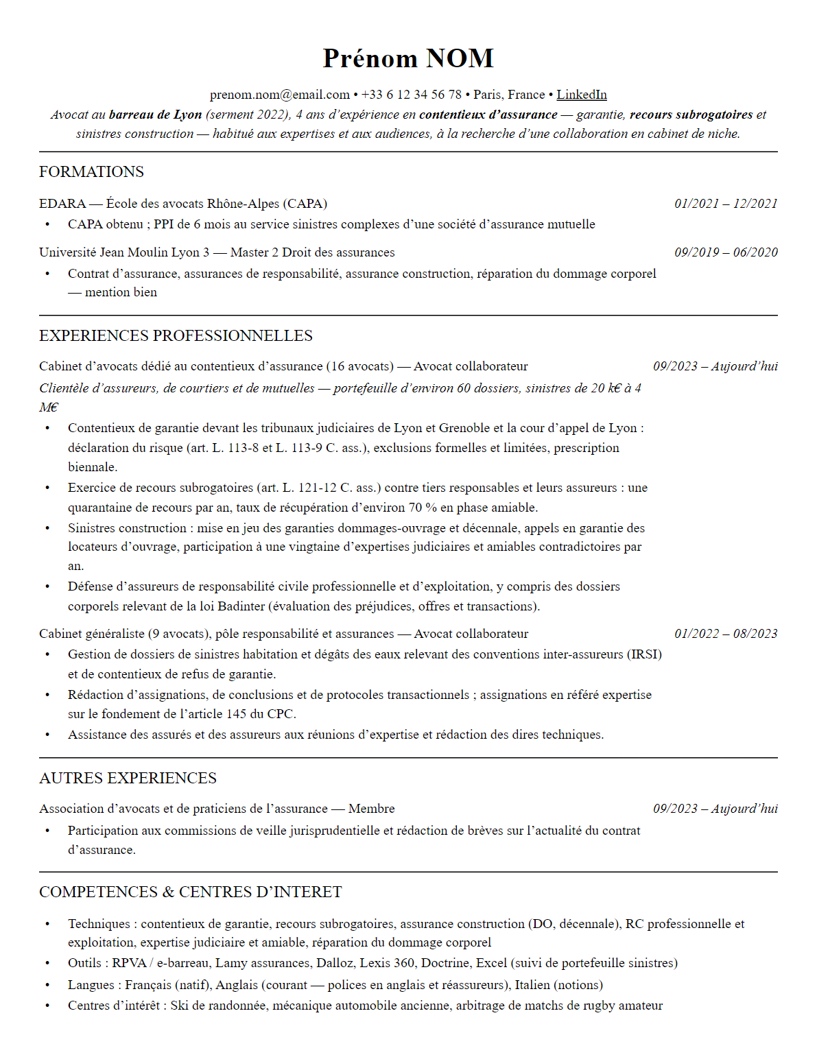 CV avocat en droit des assurances complet sur une page