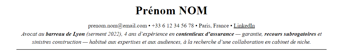 CV avocat en droit des assurances : en-tête et accroche