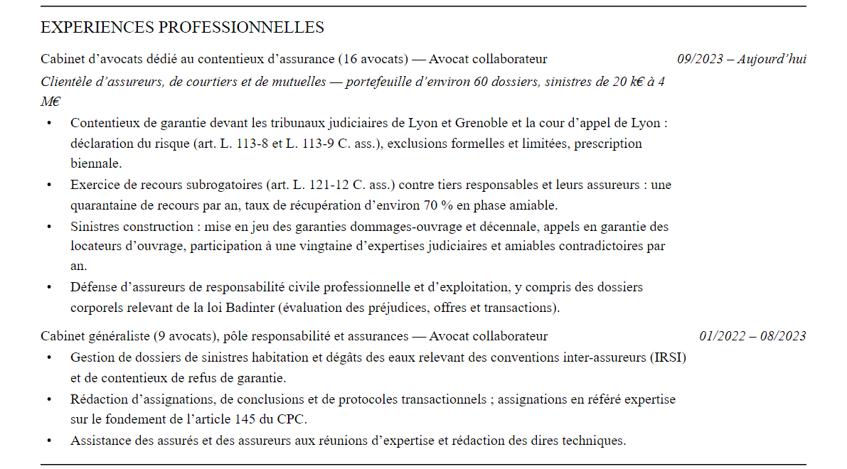 CV avocat en droit des assurances : expériences