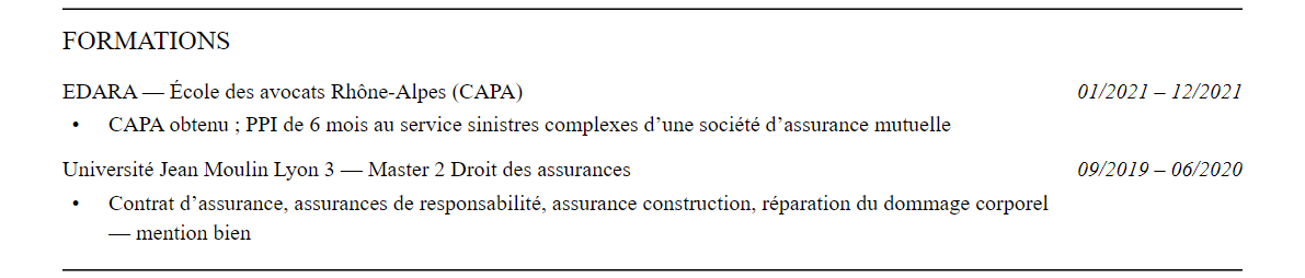 CV avocat en droit des assurances : formation