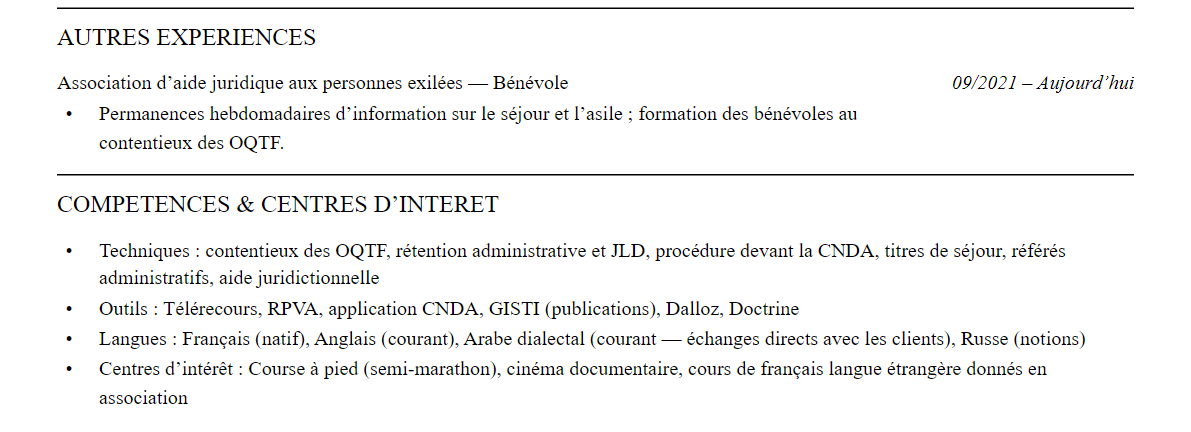 CV avocat en droit des étrangers : compétences et centres d’intérêt