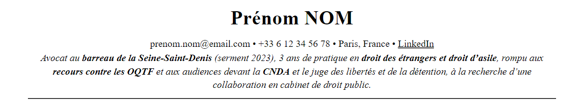 CV avocat en droit des étrangers : en-tête et accroche