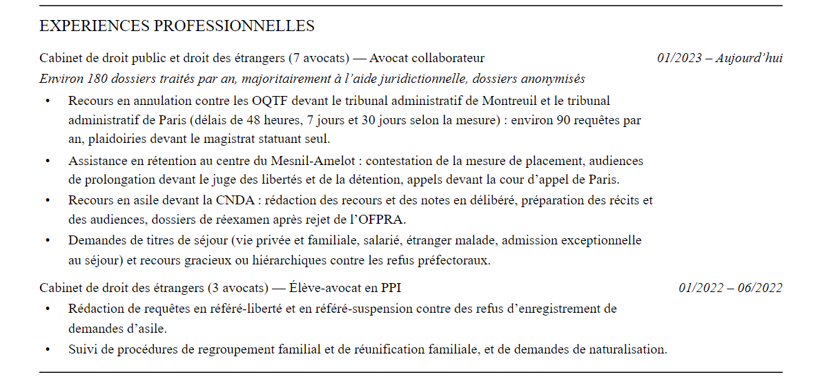 CV avocat en droit des étrangers : expériences