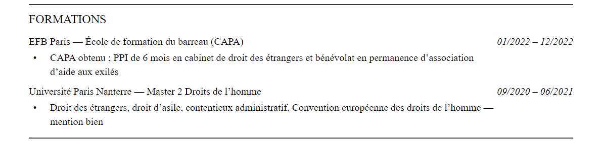 CV avocat en droit des étrangers : formation
