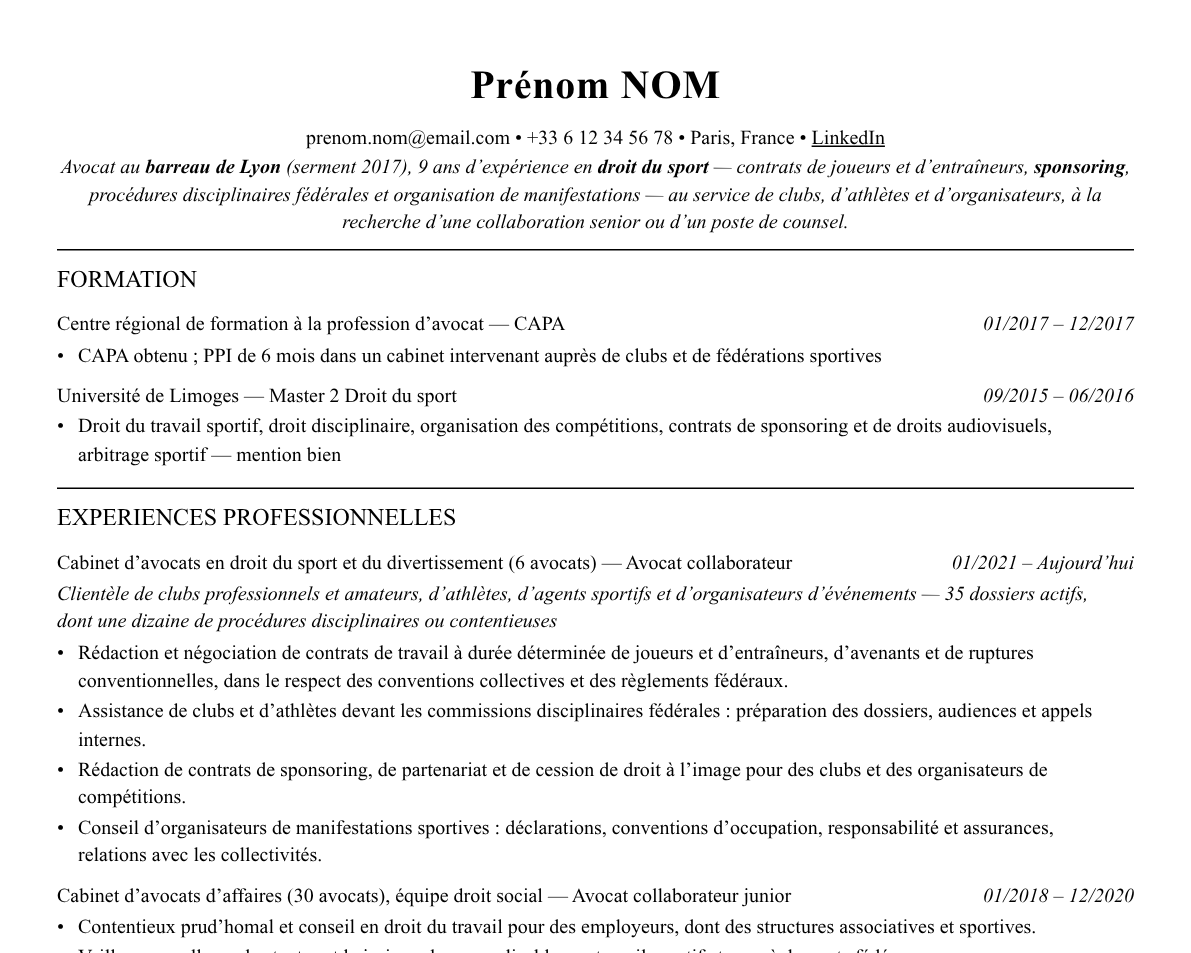 Aperçu : Exemple de CV Avocat en droit du sport