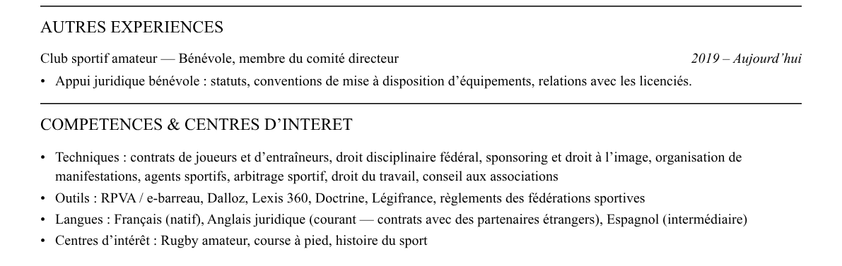 CV avocat en droit du sport : compétences et centres d’intérêt