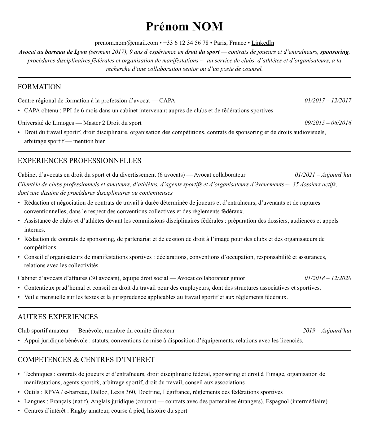 CV avocat en droit du sport complet sur une page