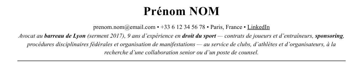 CV avocat en droit du sport : en-tête et accroche