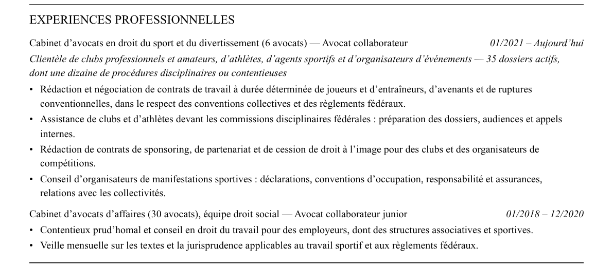 CV avocat en droit du sport : expériences