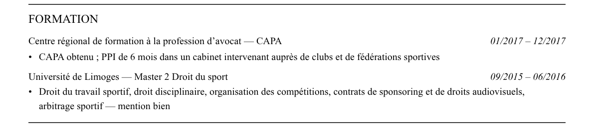 CV avocat en droit du sport : formation