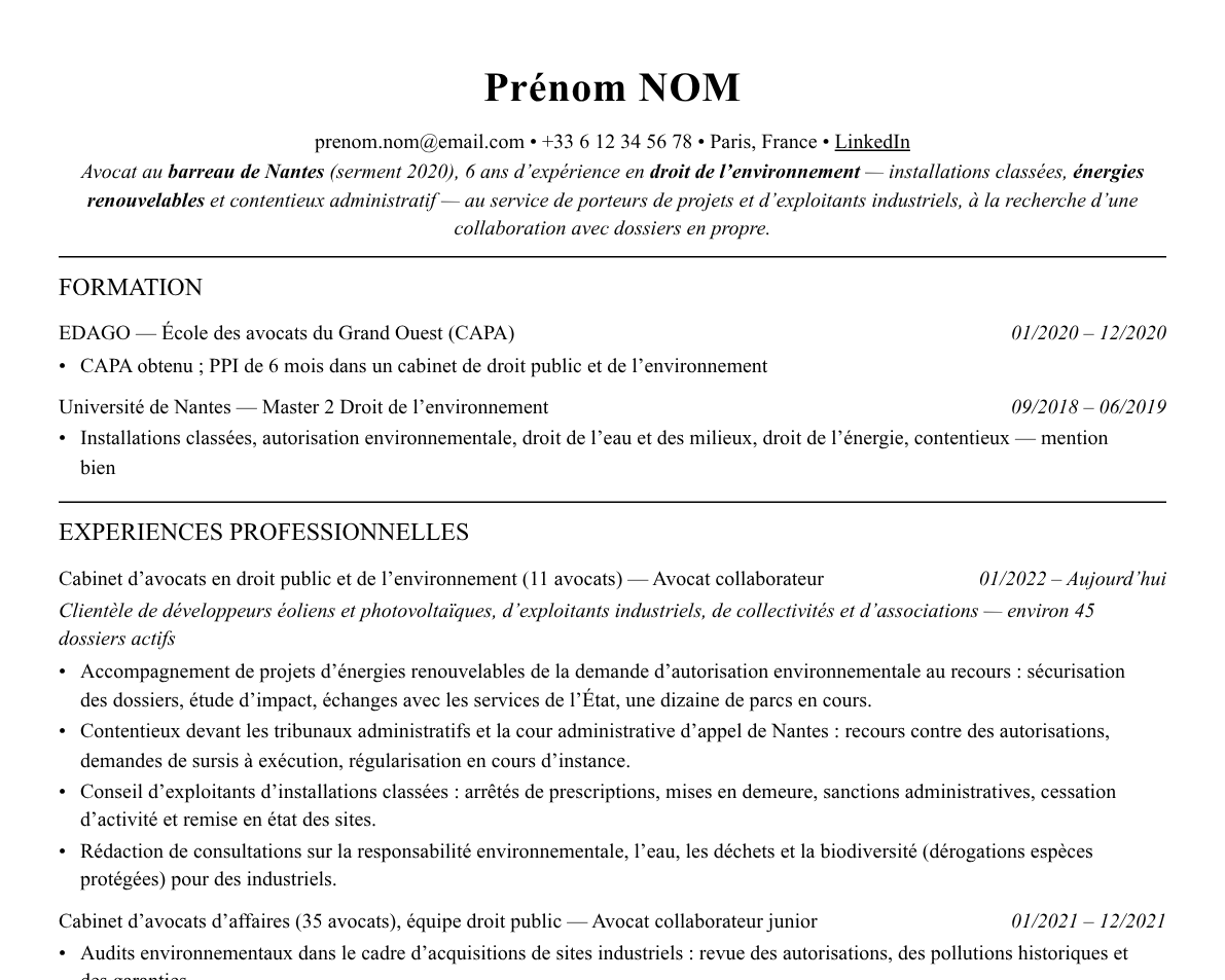 Aperçu : Exemple de CV Avocat en droit de l’environnement