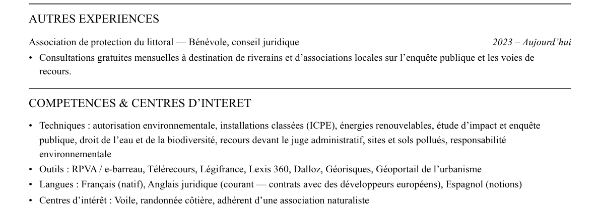 CV avocat en droit de l’environnement : compétences et centres d’intérêt