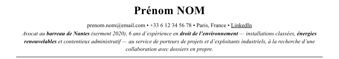 CV avocat en droit de l’environnement : en-tête et accroche