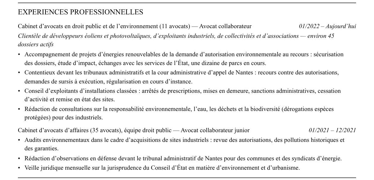 CV avocat en droit de l’environnement : expériences