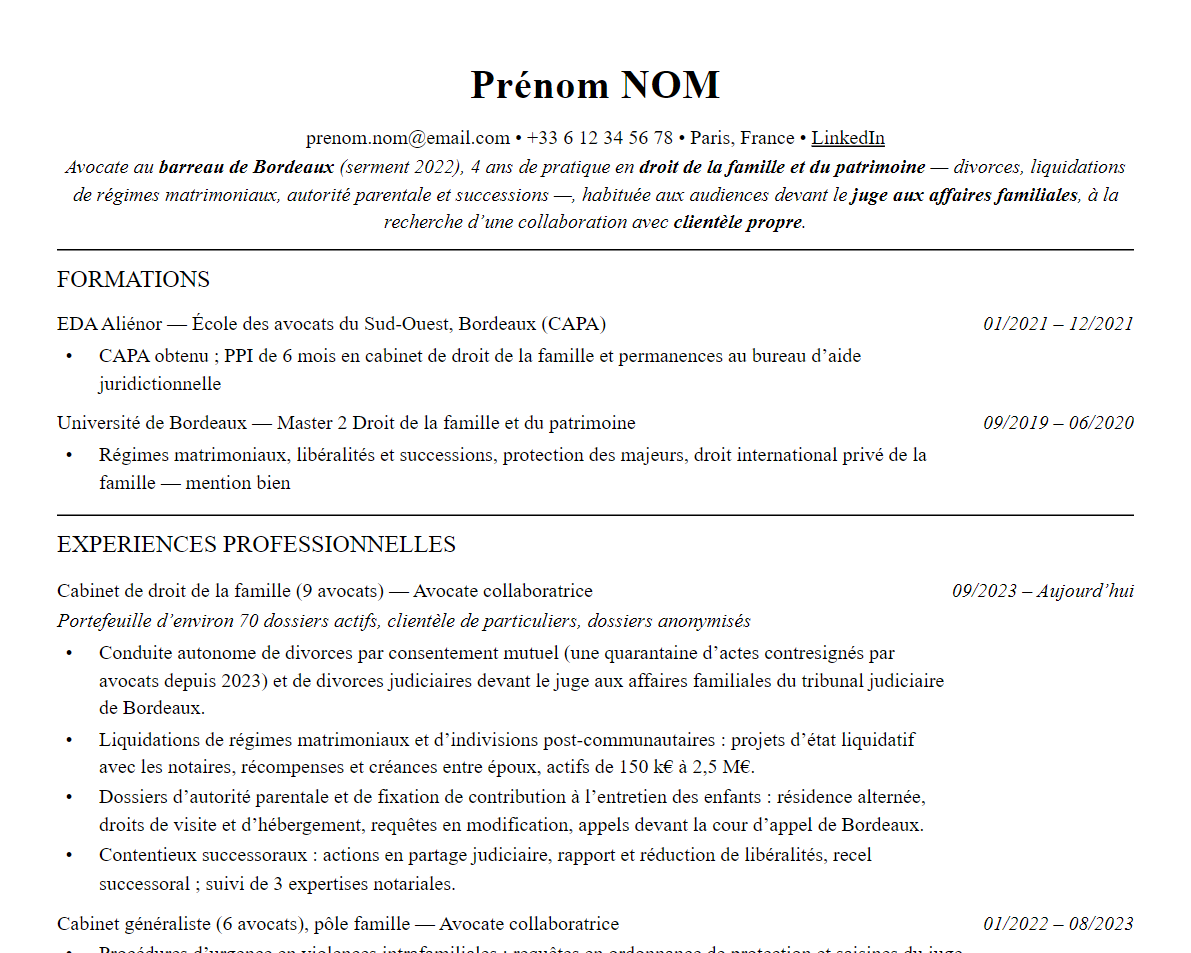 Aperçu : Exemple de CV Avocat en droit de la famille