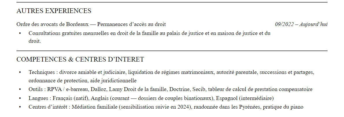 CV avocat en droit de la famille : compétences et centres d’intérêt