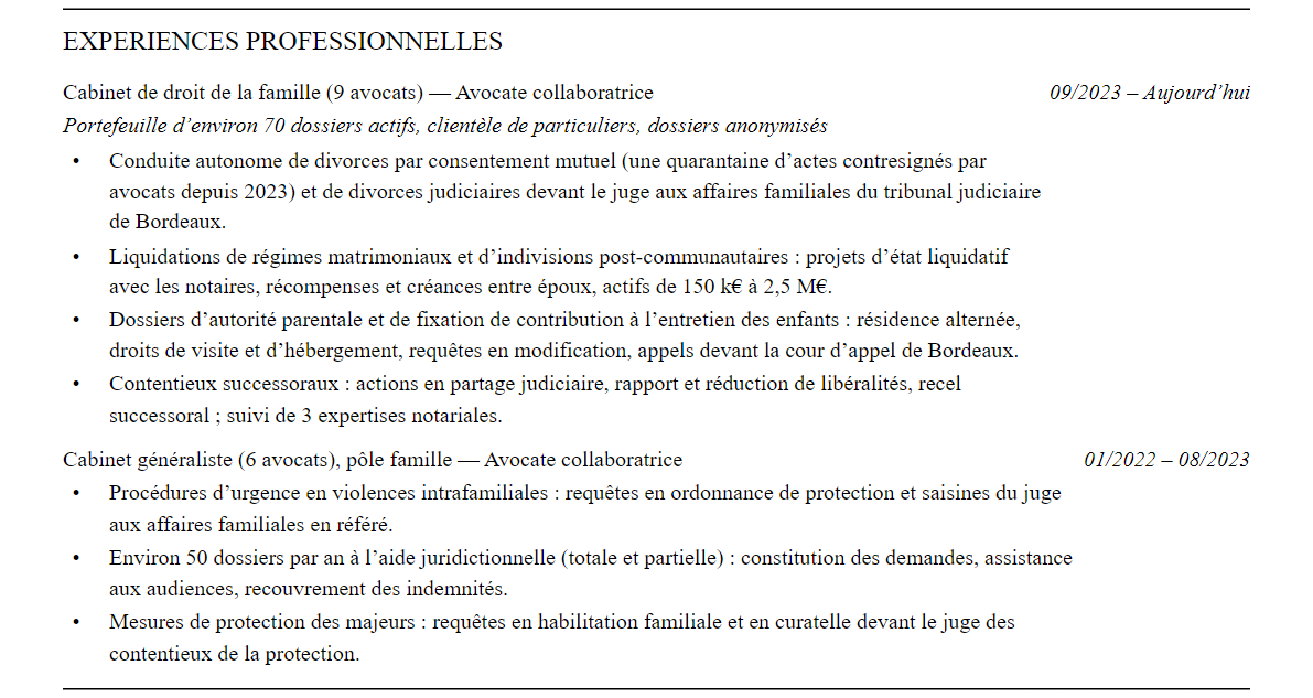 CV avocat en droit de la famille : expériences