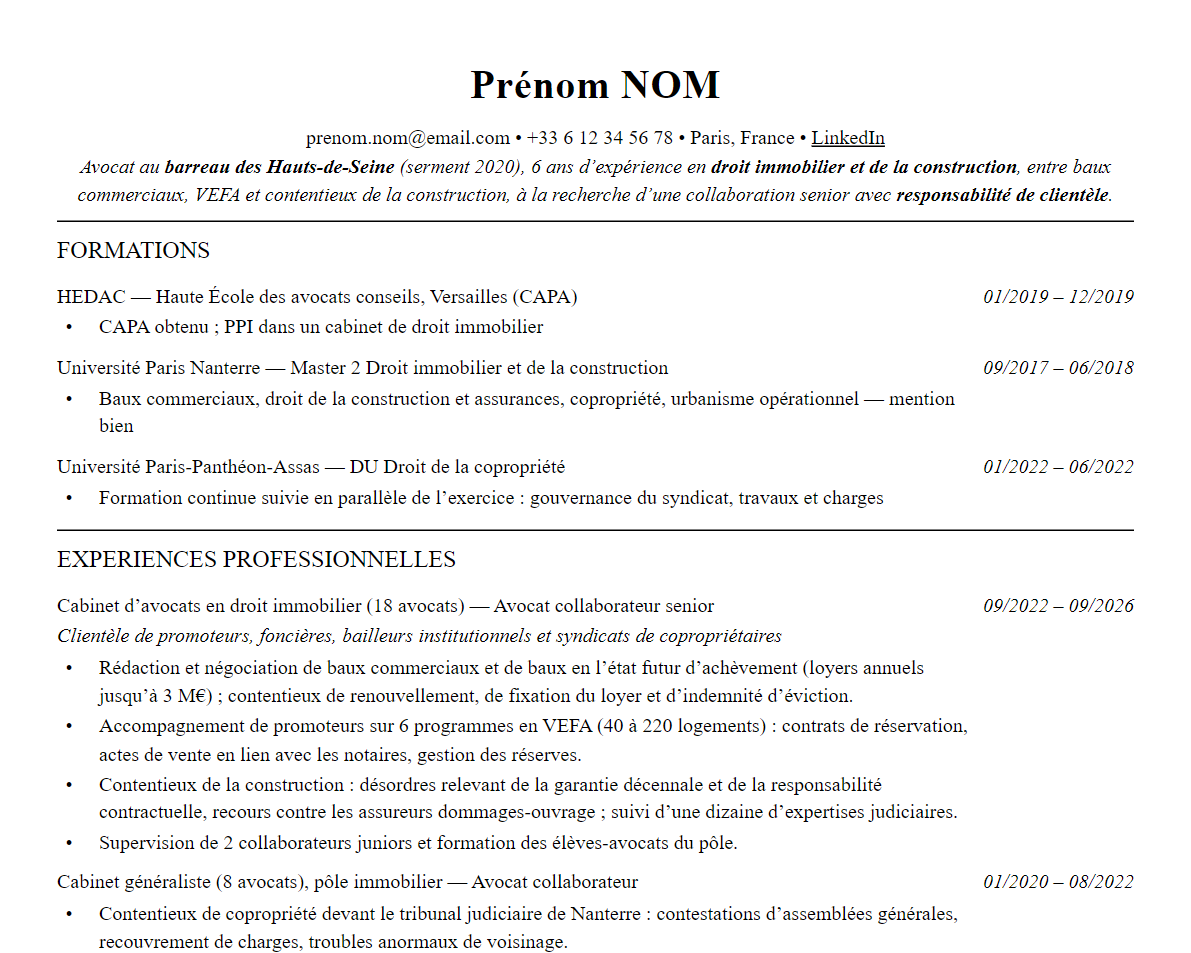Aperçu : CV d’avocat en droit immobilier et construction : conseils