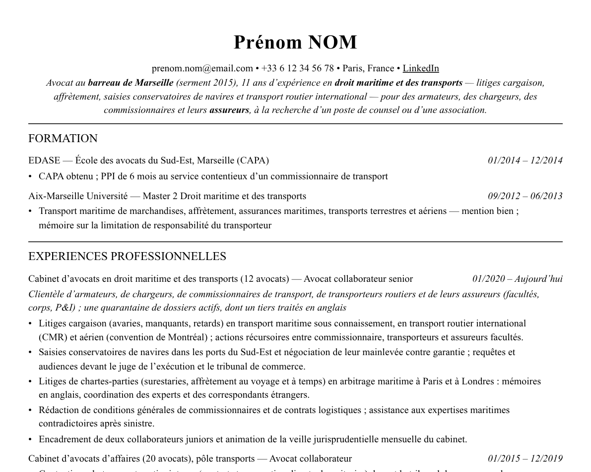 Aperçu : Exemple de CV Avocat en droit maritime et des transports