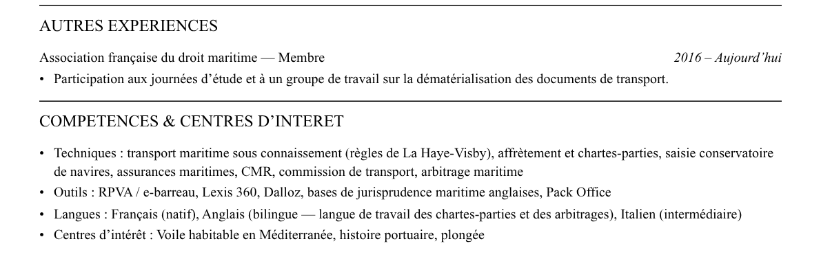 CV avocat en droit maritime et des transports : compétences et centres d’intérêt