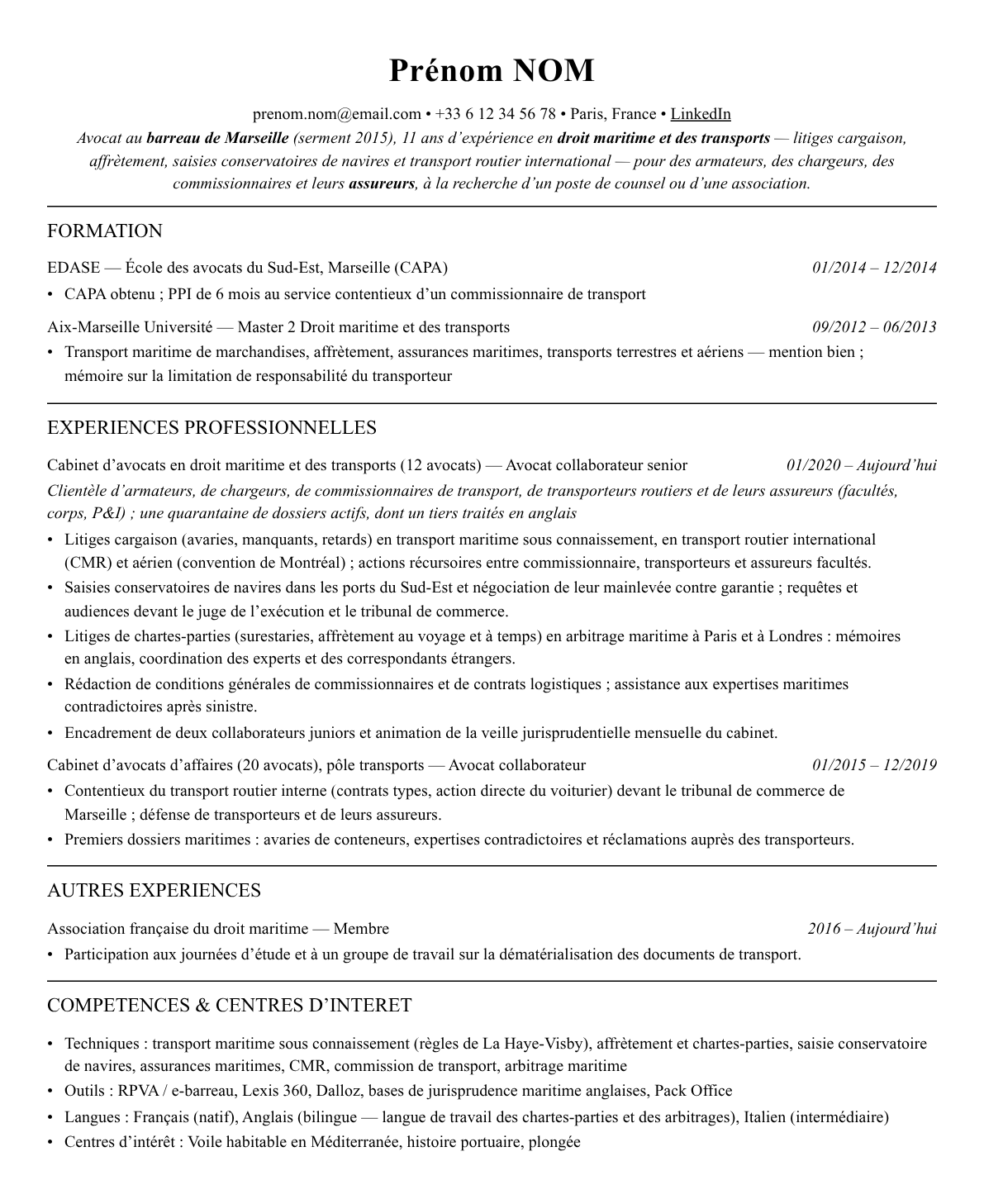 CV avocat en droit maritime et des transports complet sur une page