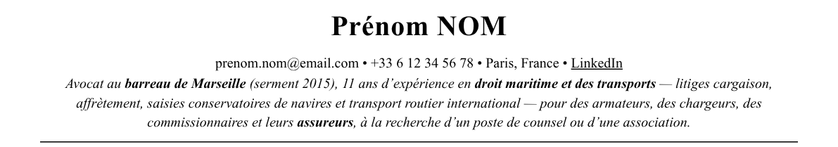 CV avocat en droit maritime et des transports : en-tête et accroche