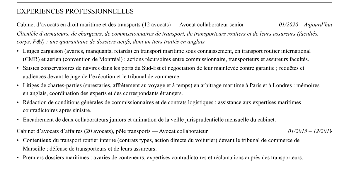 CV avocat en droit maritime et des transports : expériences