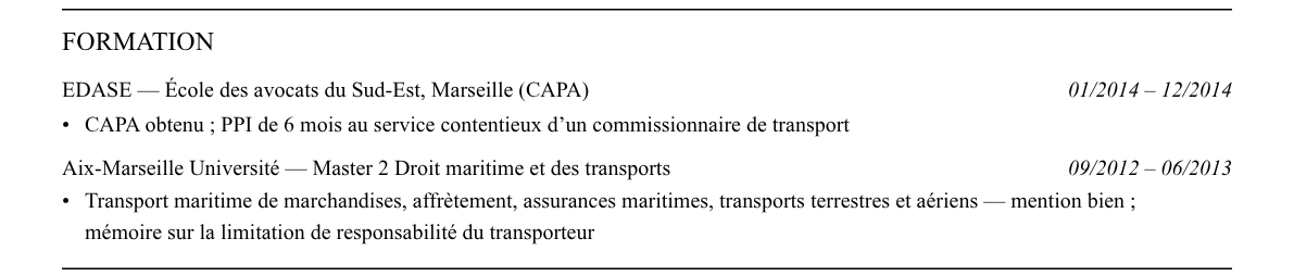CV avocat en droit maritime et des transports : formation