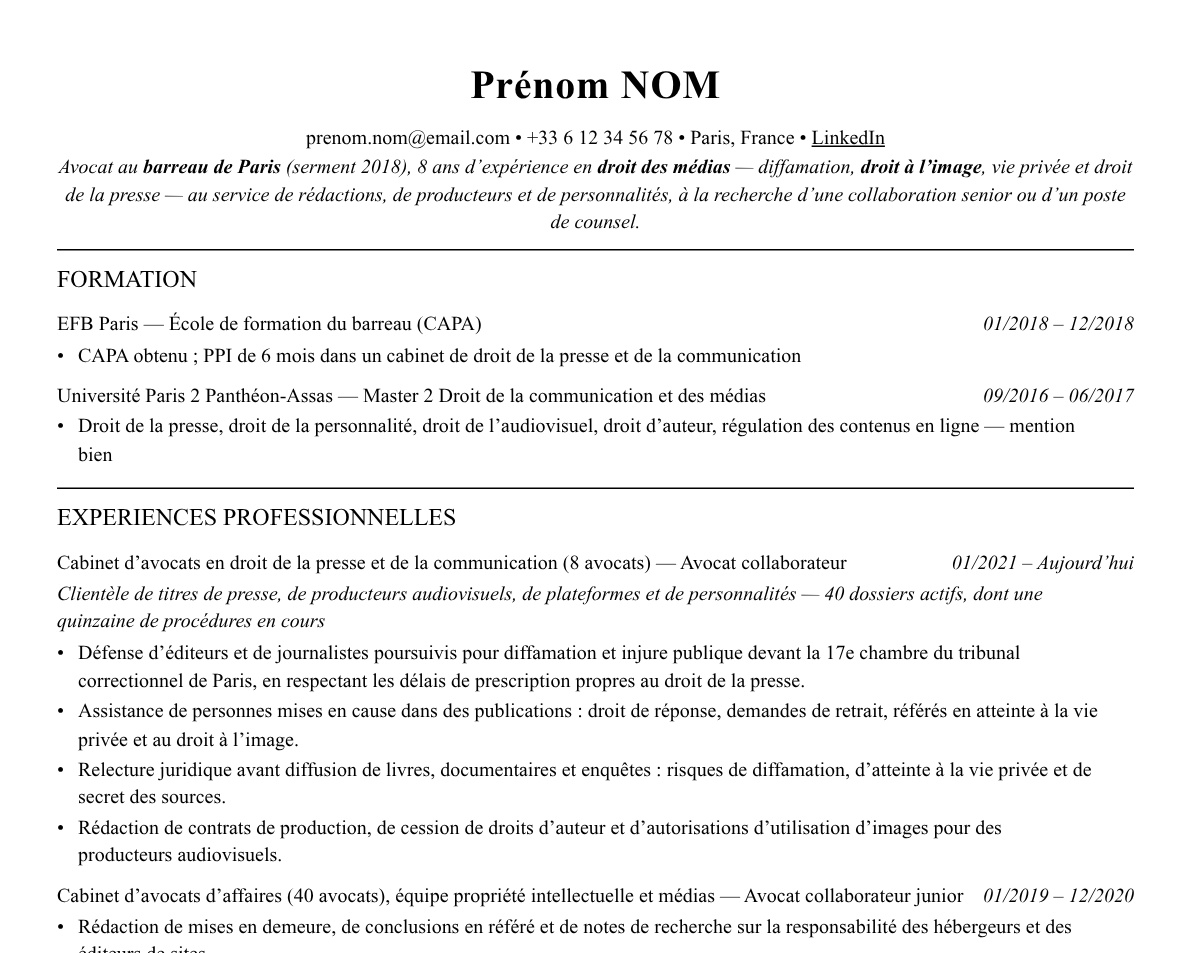 Aperçu : Exemple de CV Avocat en droit des médias