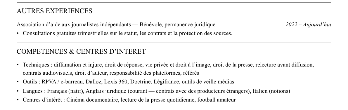 CV avocat en droit des médias : compétences et centres d’intérêt