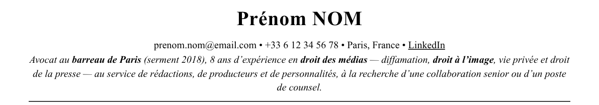 CV avocat en droit des médias : en-tête et accroche