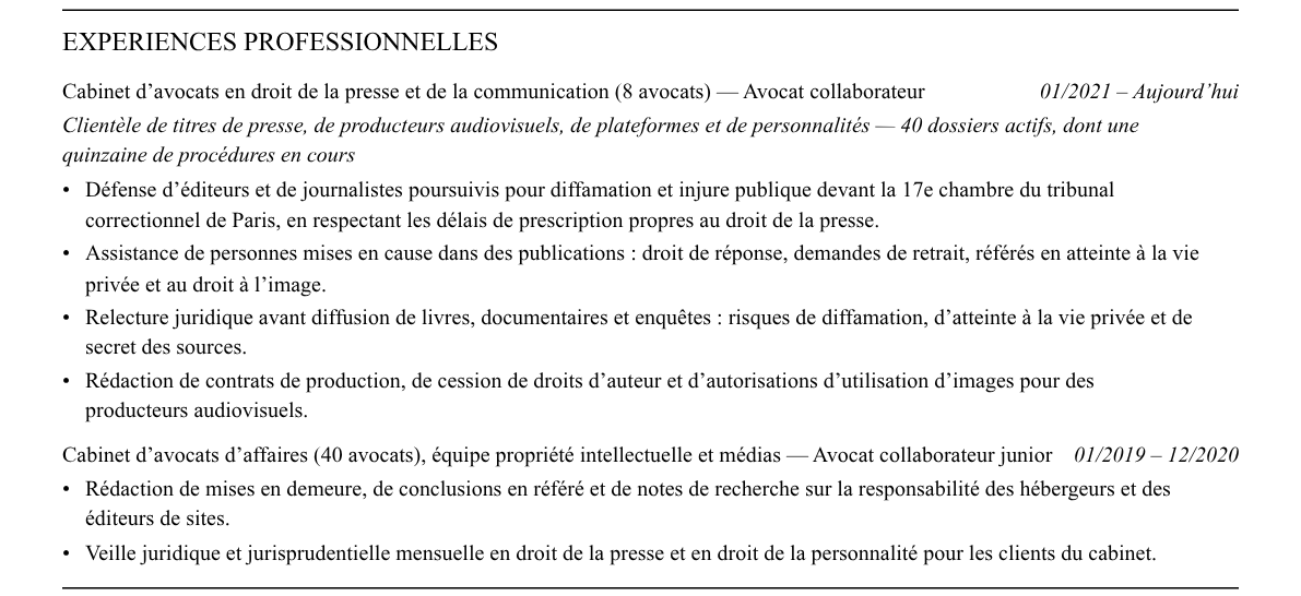 CV avocat en droit des médias : expériences