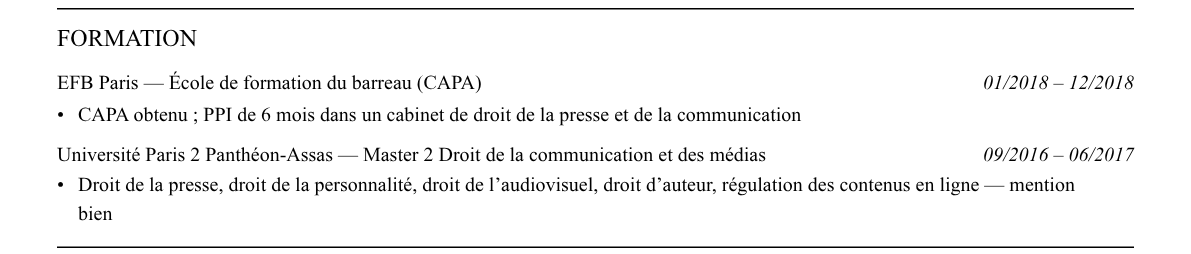 CV avocat en droit des médias : formation