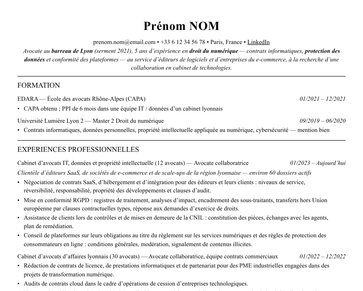 Aperçu : Exemple de CV Avocat en droit du numérique