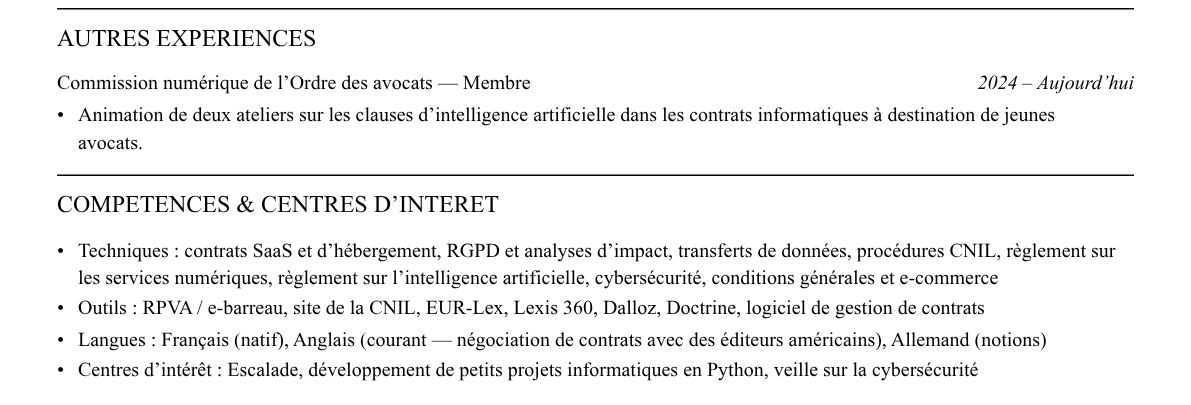 CV avocat en droit du numérique : compétences et centres d’intérêt