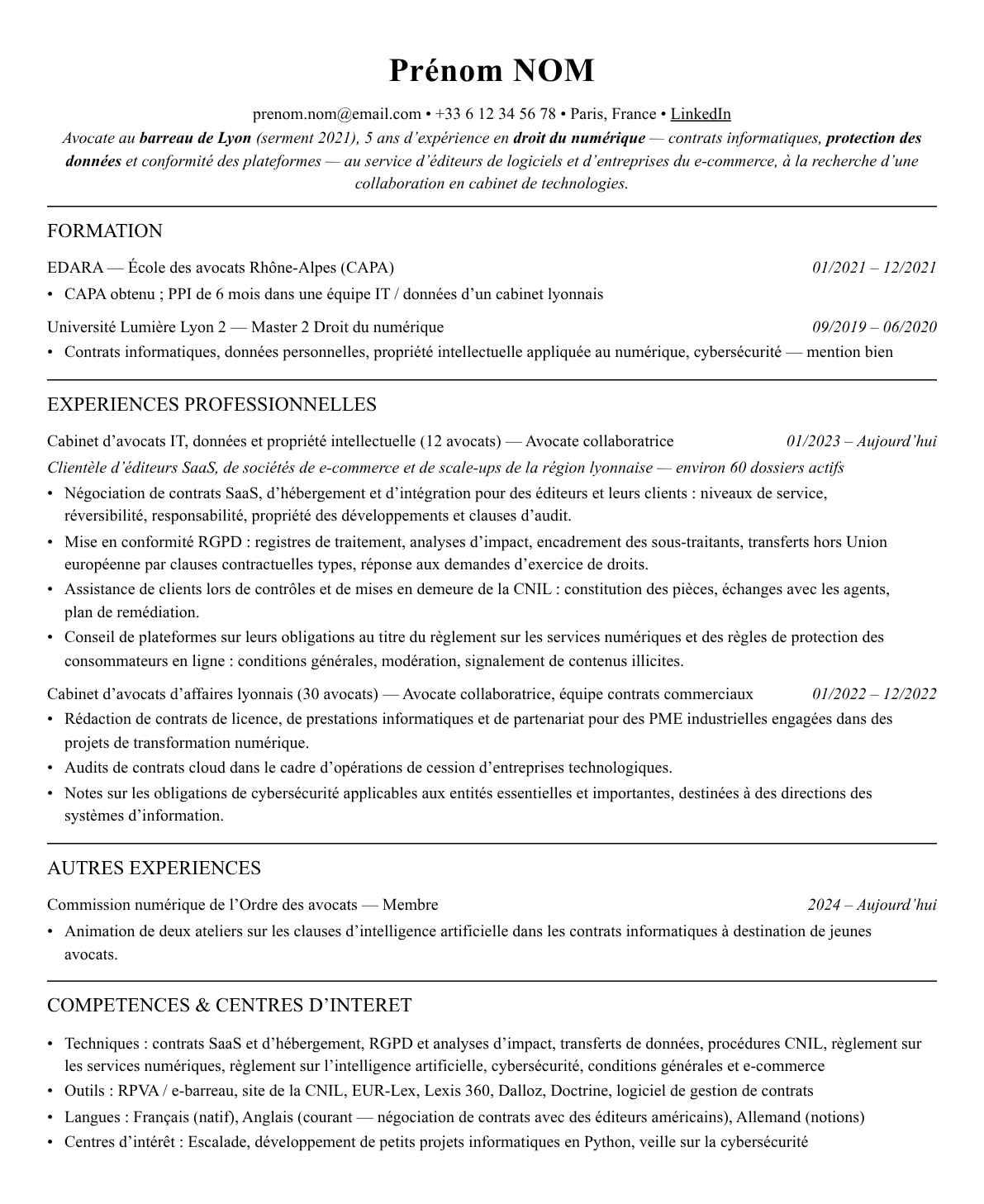 CV avocat en droit du numérique complet sur une page