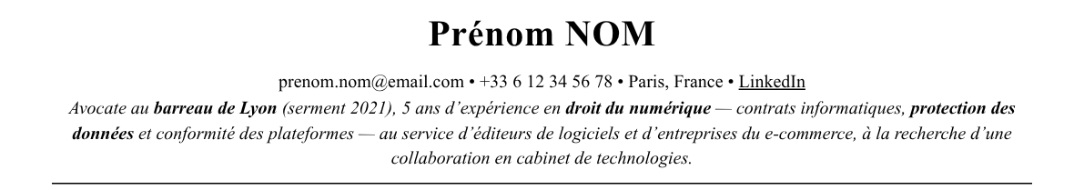 CV avocat en droit du numérique : en-tête et accroche