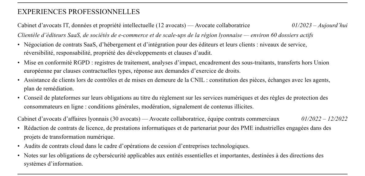 CV avocat en droit du numérique : expériences