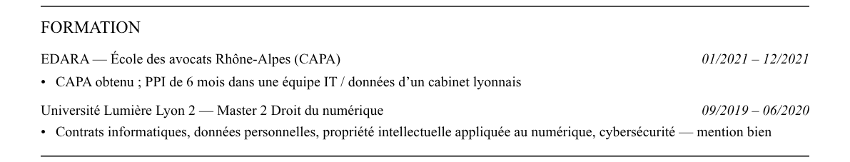 CV avocat en droit du numérique : formation