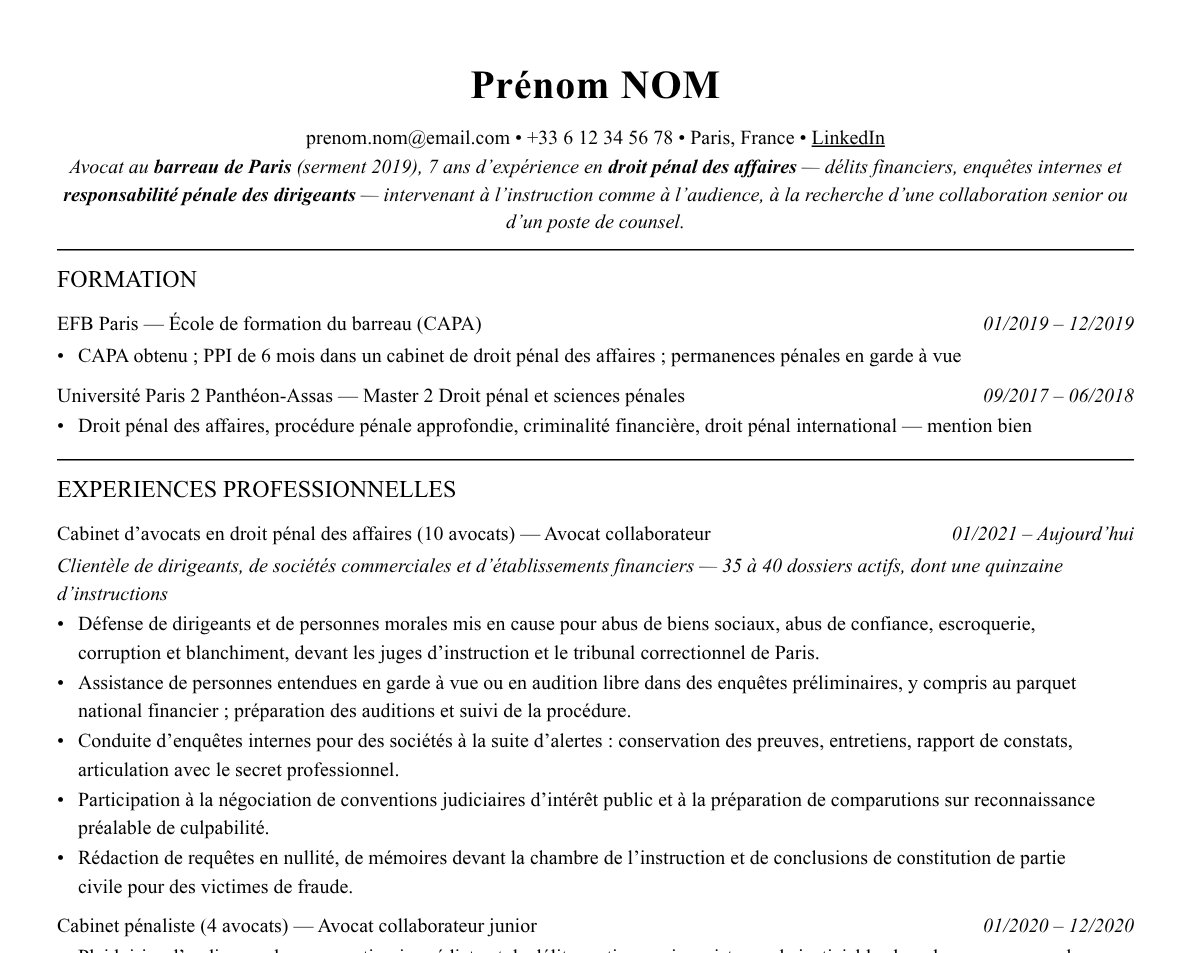 Aperçu : Exemple de CV Avocat en droit pénal des affaires