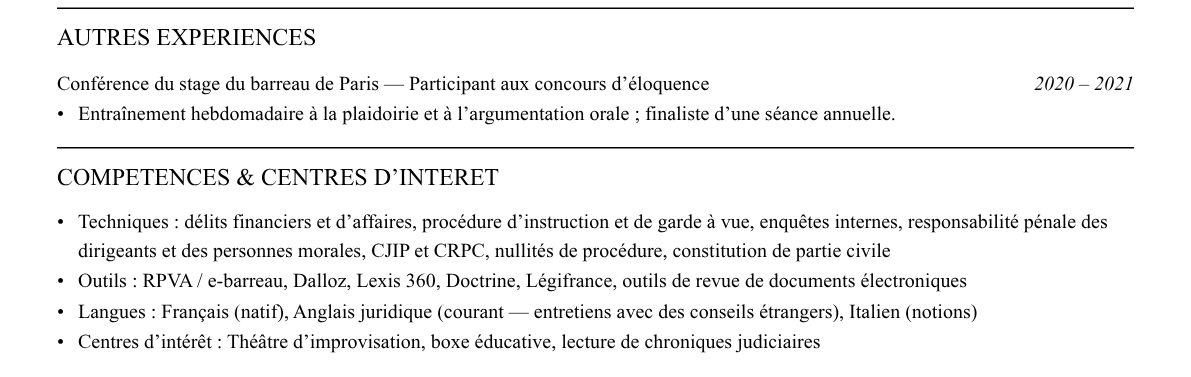 CV avocat en droit pénal des affaires : compétences et centres d’intérêt