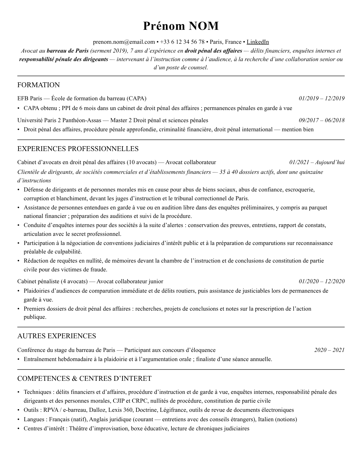 CV avocat en droit pénal des affaires complet sur une page