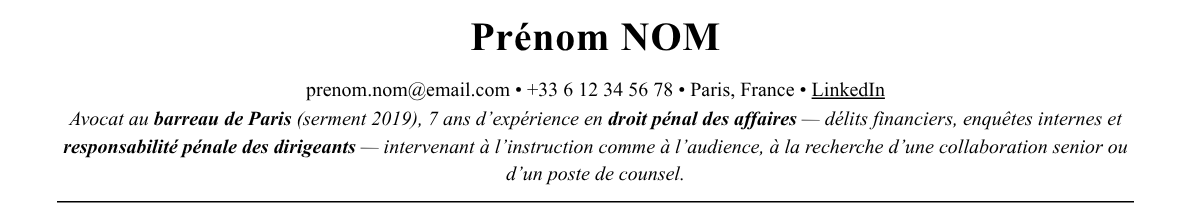 CV avocat en droit pénal des affaires : en-tête et accroche