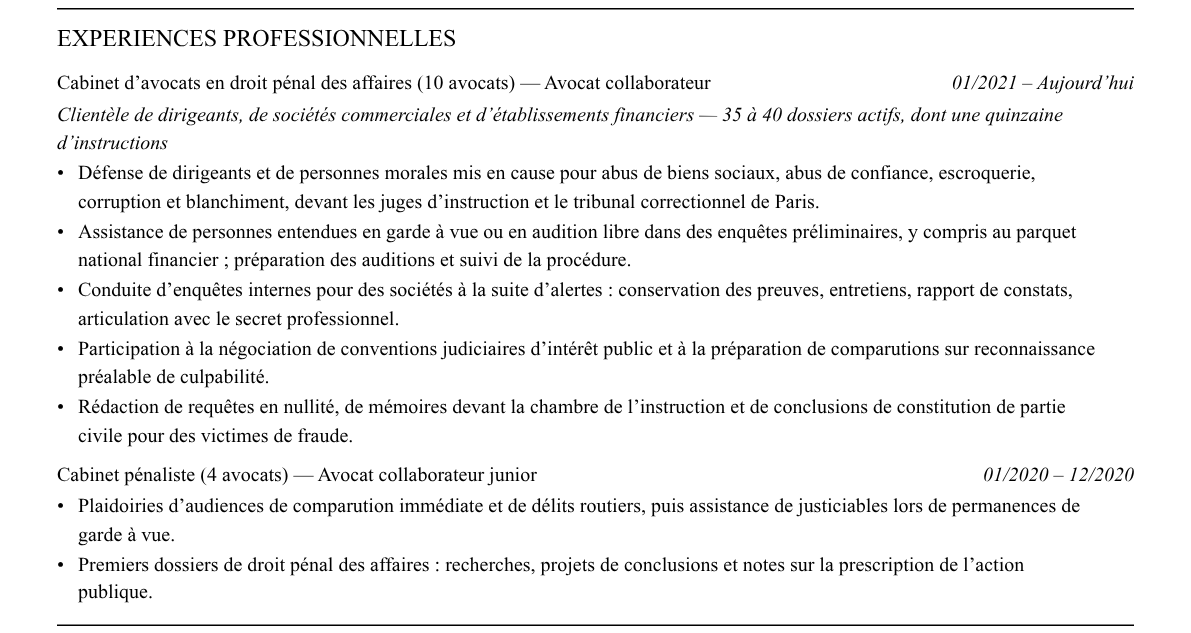 CV avocat en droit pénal des affaires : expériences