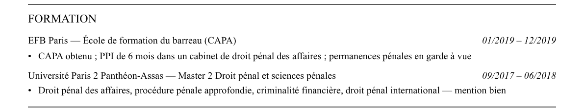 CV avocat en droit pénal des affaires : formation
