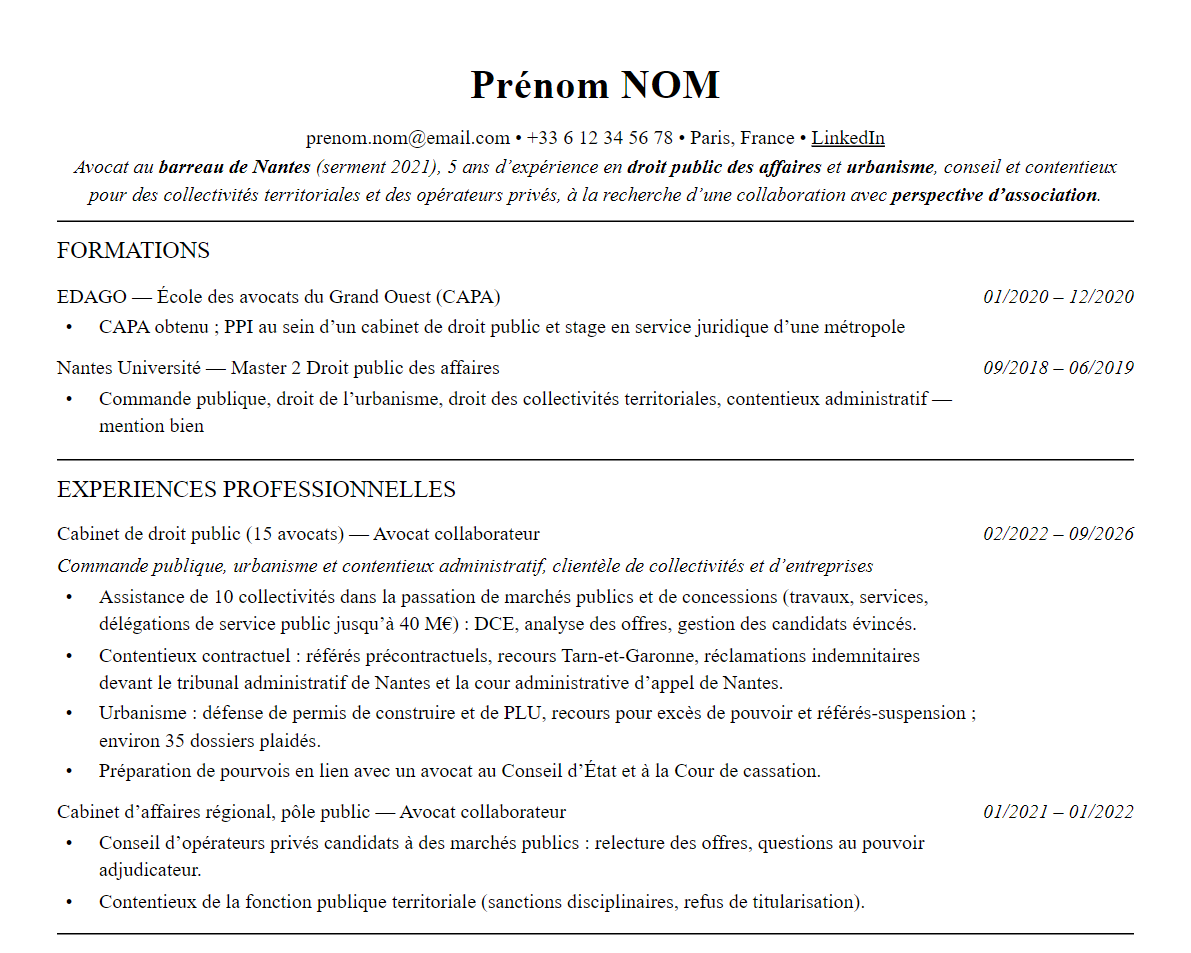 Aperçu : CV d’avocat en droit public : contentieux, marchés, urbanisme