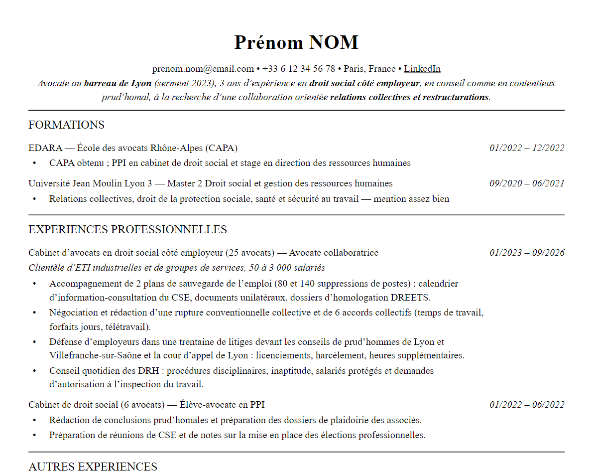 Aperçu : CV d’avocat en droit social : côté employeur ou salarié
