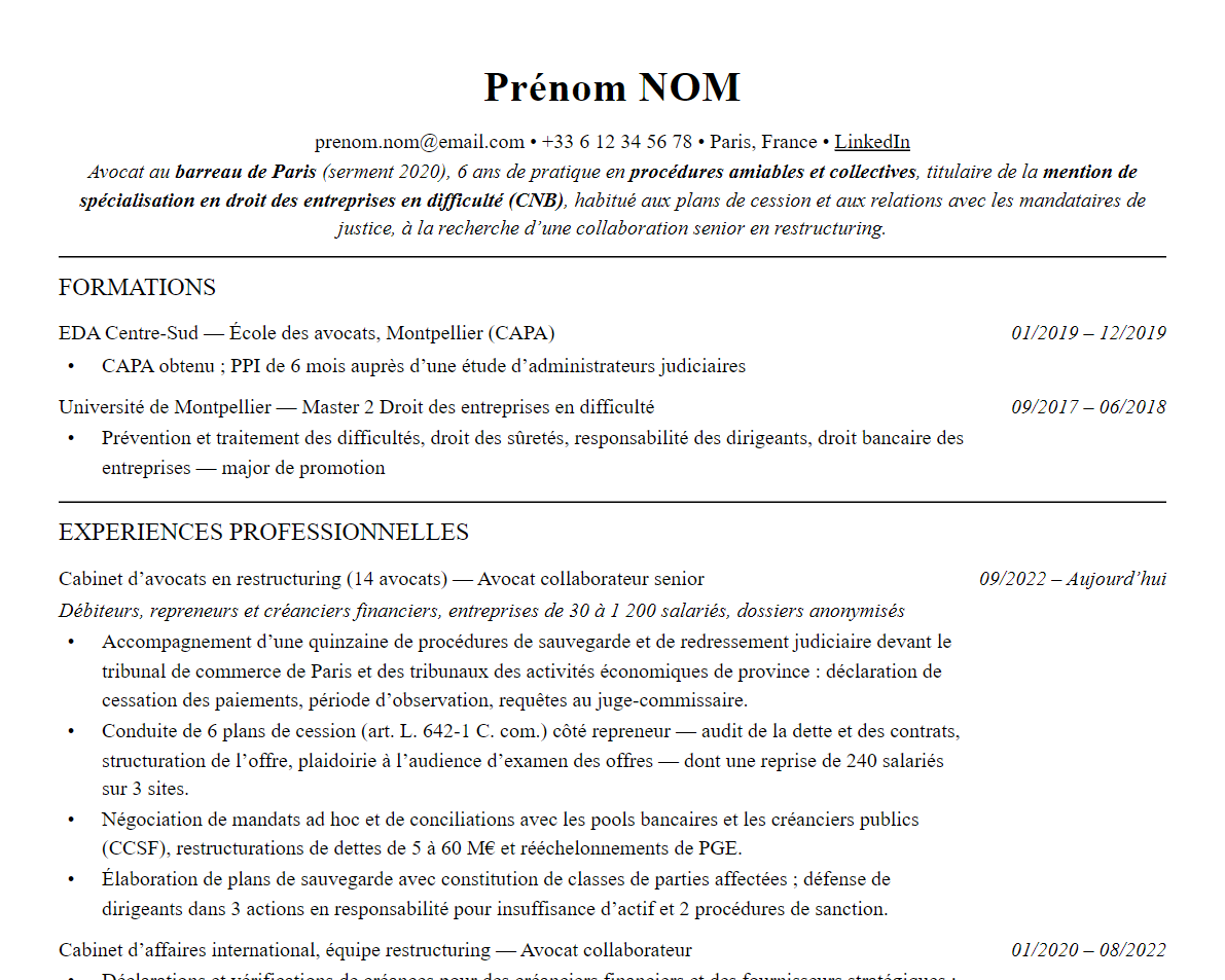 Aperçu : Exemple de CV Avocat en entreprises en difficulté (restructuring)
